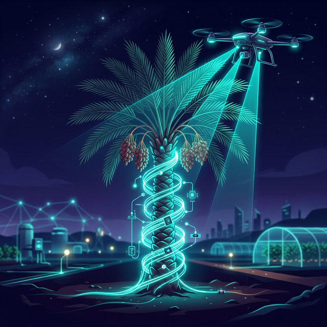 Date palm tree with fiber optic sensors and drone scanning
